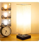 Bedside Small Table Lamp for Nightstand, 3-Color Options Solid Wood Lamp with Fabric Shade, Minim...