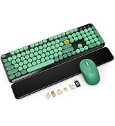 Wireless Keyboard and Mouse Combo with Magnetic Wrist Rest, Round Keycaps, Full-Size Retro Typewr...