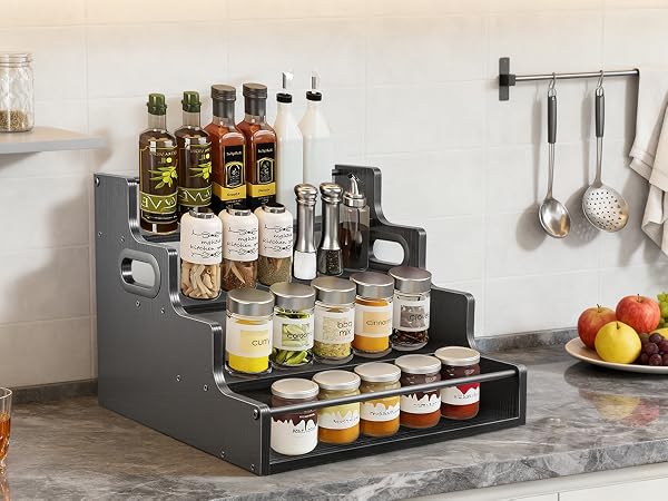 Kitchen spice rack organizer, rustic 4-tier seasoning bottle holder for countertop storage.