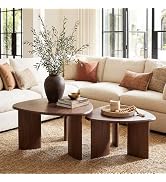 Honyee Nesting Coffee Table Set of 2, Modern Walnut Wood Veneer Coffee Table and Side Table Set f...