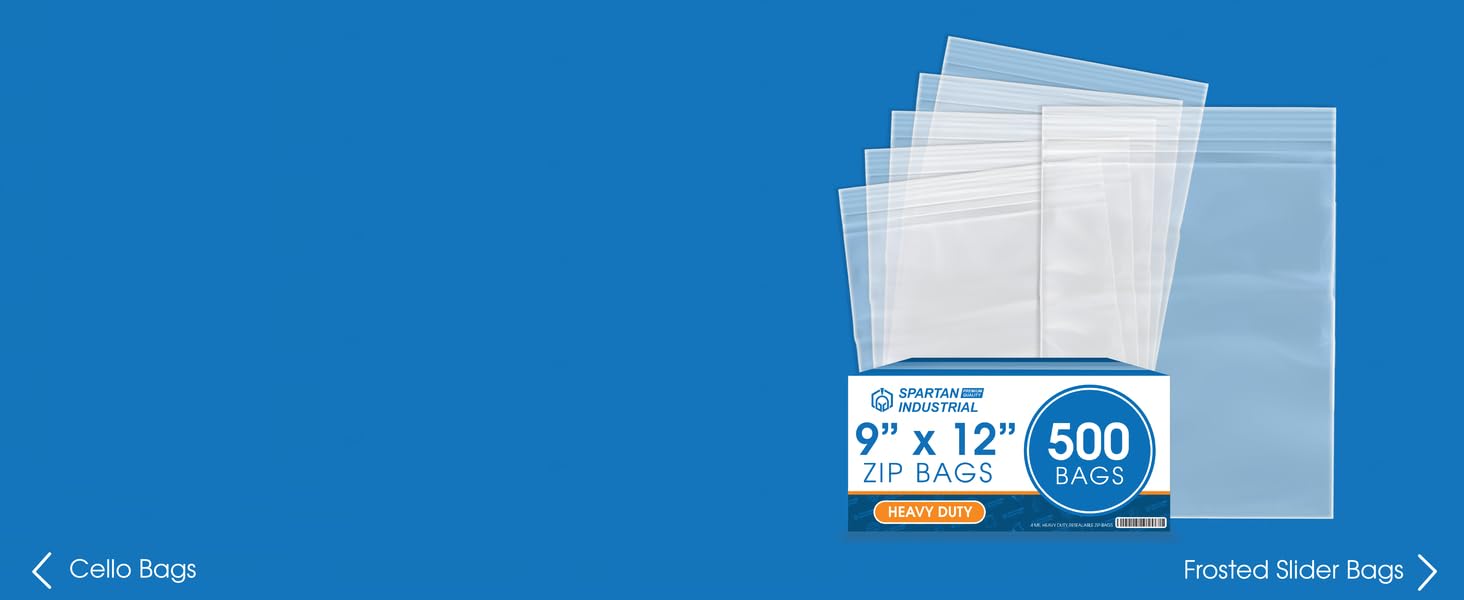 Six of our heavy duty zip bags fanned behind their packaging on a blue background