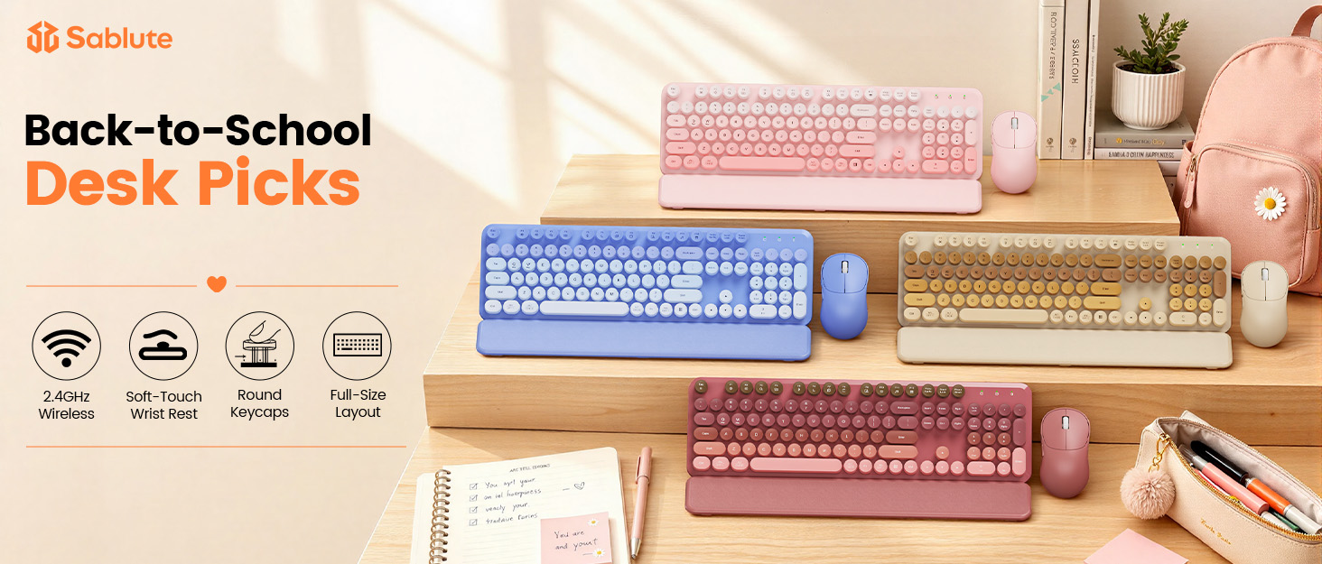 round-key keyboard and mouse combos displayed on wooden steps for back-to-school desk picks.