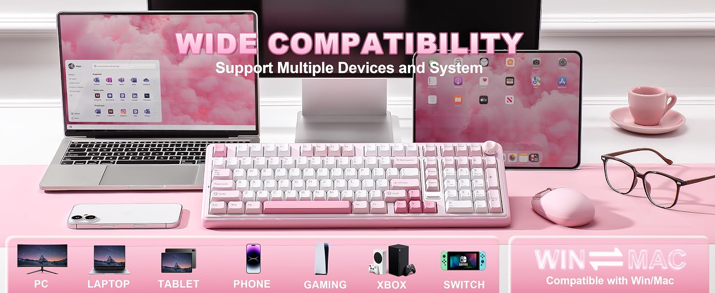 Text reads 'WIDE COMPATIBILITY'. Tech accessories display on pink background showing keyboard, laptop, glasses, and various connectivity ports and devices.