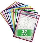 37 Pack Reusable Dry Erase Pockets Sleeves - Heavy Duty Dry Erase Pockets Reusable Oversized Size...