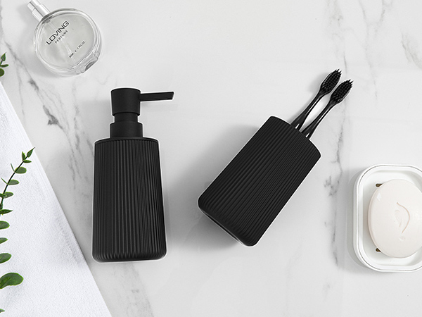 Black Striped Soap Dispenser and Toothbrush Holder Set