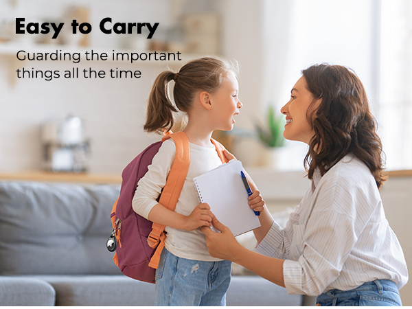 Child wearing a burgundy backpack and holding a notebook, interacting with an adult. Text overlay reads 'Easy to Carry' and 'Guarding the important things all the time'.