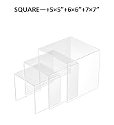 Diagram of three nested clear acrylic display cubes. Labeled 'SQUARE' with dimensions: 5x5