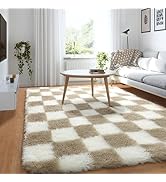 KICMOR 3x5 Small Beige and White Area Rug for Bedroom, Fluffy Fuzzy Plush Shag Shaggy Checkered R...