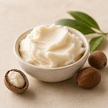 Creamy shea butter in ceramic bowl on neutral surface, representing balanced nourishment