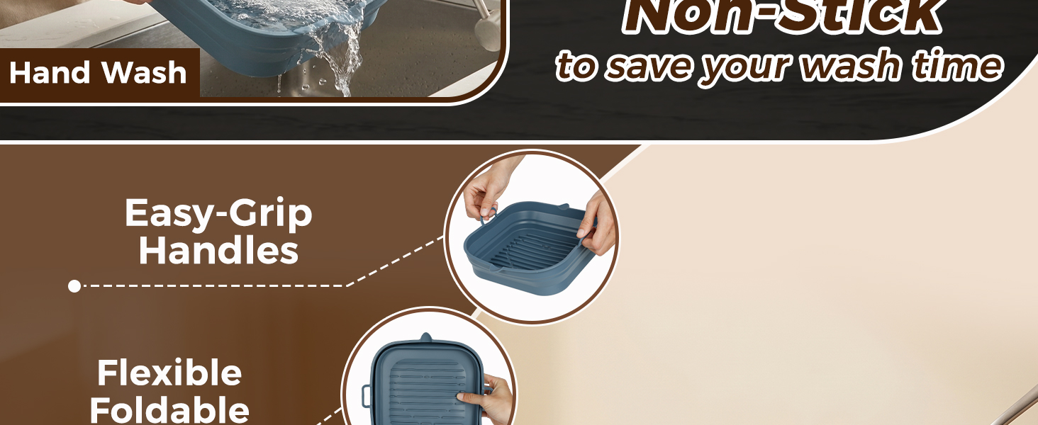 Text reads 'Hand Wash', 'NON-STICK', 'to Save your wash time', 'Easy-Grip Handles', 'Flexible Foldable'. Comparison showing hands washing non-stick cookware and flexible silicone handles design feature.