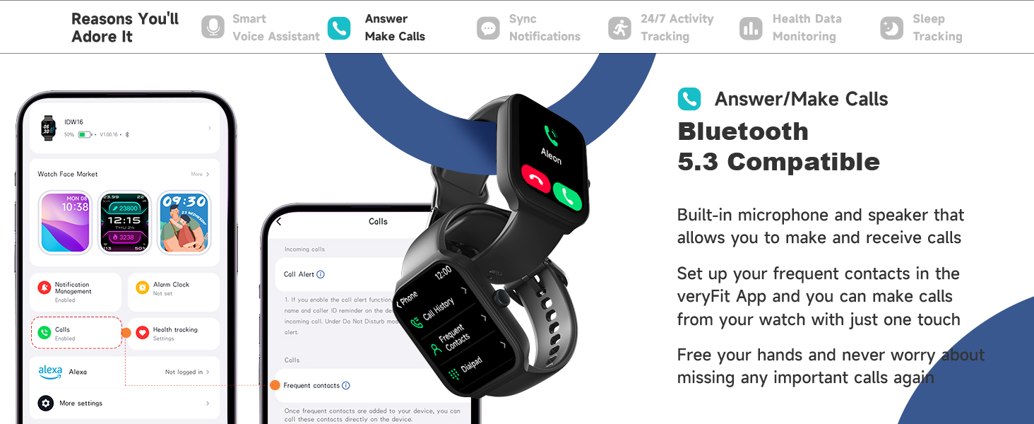 Smartwatch feature advertisement showing Bluetooth 5.3 compatibility, built-in microphone and speaker for calls, and contact syncing capabilities.