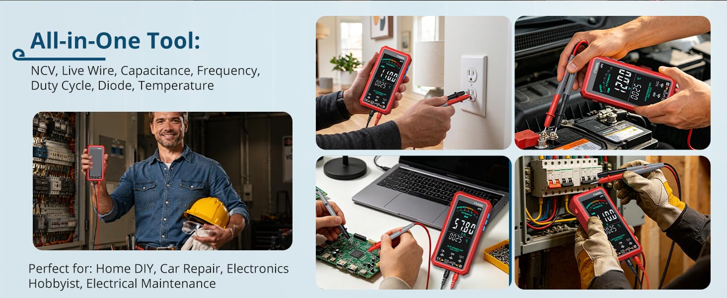 Text reads 'All-in-One Tool: Measures Voltage, Current, Resistance, Continuity, Duty Cycle, Mode, Temperature' with 'Professional Electrician Multimeter, Electrical Maintenance.' Composite showing male technician and multiple close-up photos of digital multimeter usage.