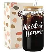 Mikopei Bridesmaid Gifts for Wedding Day - Maid of Honor Glass Cup with Lid and Straw, Bridesmaid...