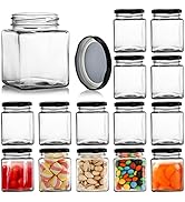 Jucoan 15 Pack Square Glass Jar with Black Airtight Lids, 10 oz Small Glass Mason Jar Canning Jar...