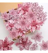 Pink Poinsettias Artificial Christmas Flowers, 28 Pack Artificial Christmas Flowers and Berry Ste...