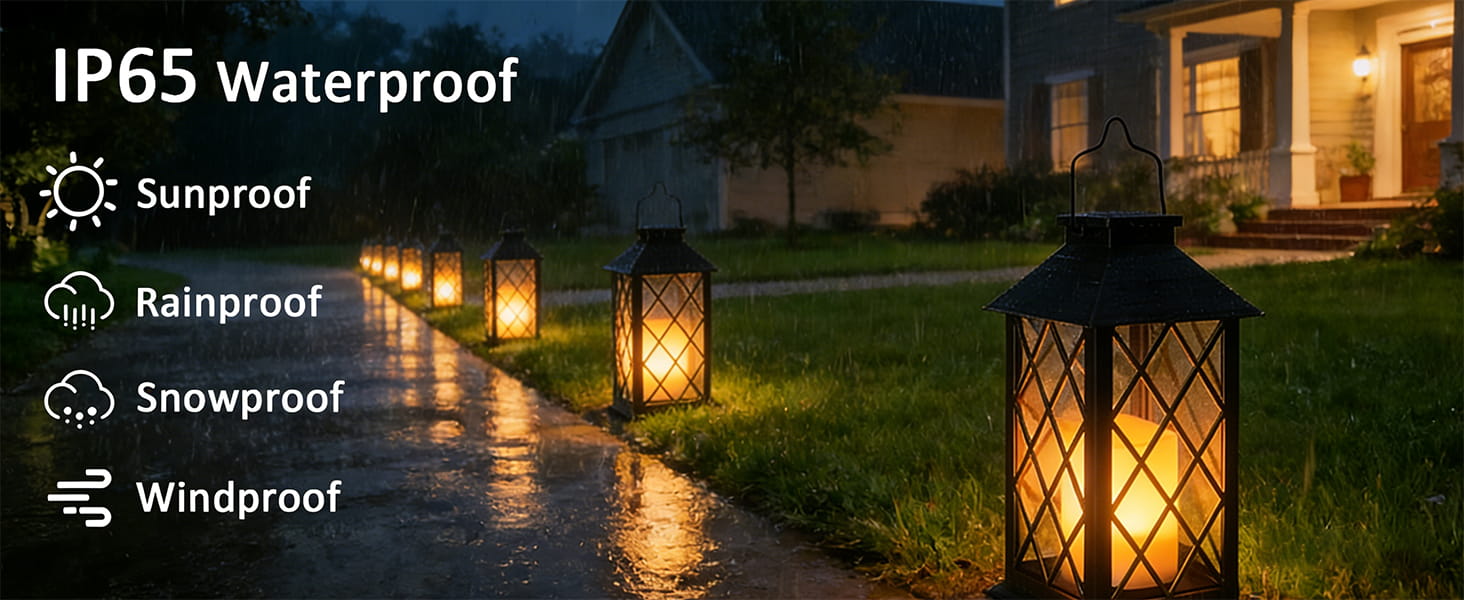 Text reads 'IP65 Waterproof' and 'Sunproof' and 'Rainproof' with icons. Outdoor evening scenes showing glowing lanterns on grass with ambient lighting.
