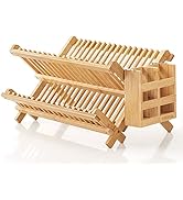 HBlife Dish Rack,Bamboo Folding 2-Tier Collapsible Drainer Dish Drying Rack with Utensils Flatwar...