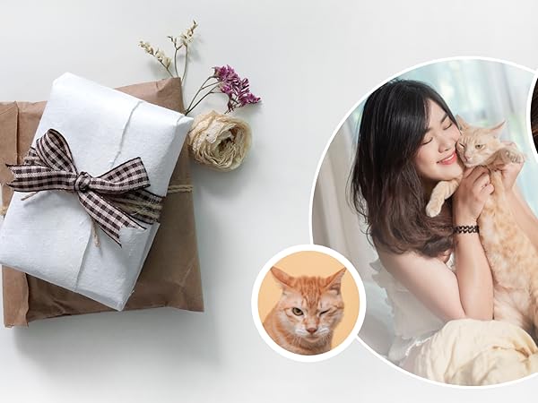 Collage of images featuring cats and people. Includes a wrapped gift, flowers, and circular photos of individuals holding or interacting with cats.