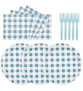 KFJBPB 75 Pcs Blue Gingham Paper Plates and Napkins Party Supplies, Disposable Checkered Plates N...