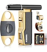 Torch Lighter and V Cutter Set, Built-in Punch, Holder, Quad Jet Flame Windproof Butane Lighter, ...