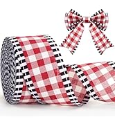 KINGLAKE Red and White Burlap Ribbon – 2.5 Inch x 11 Yards Red Wired Ribbon with Black Edges for ...