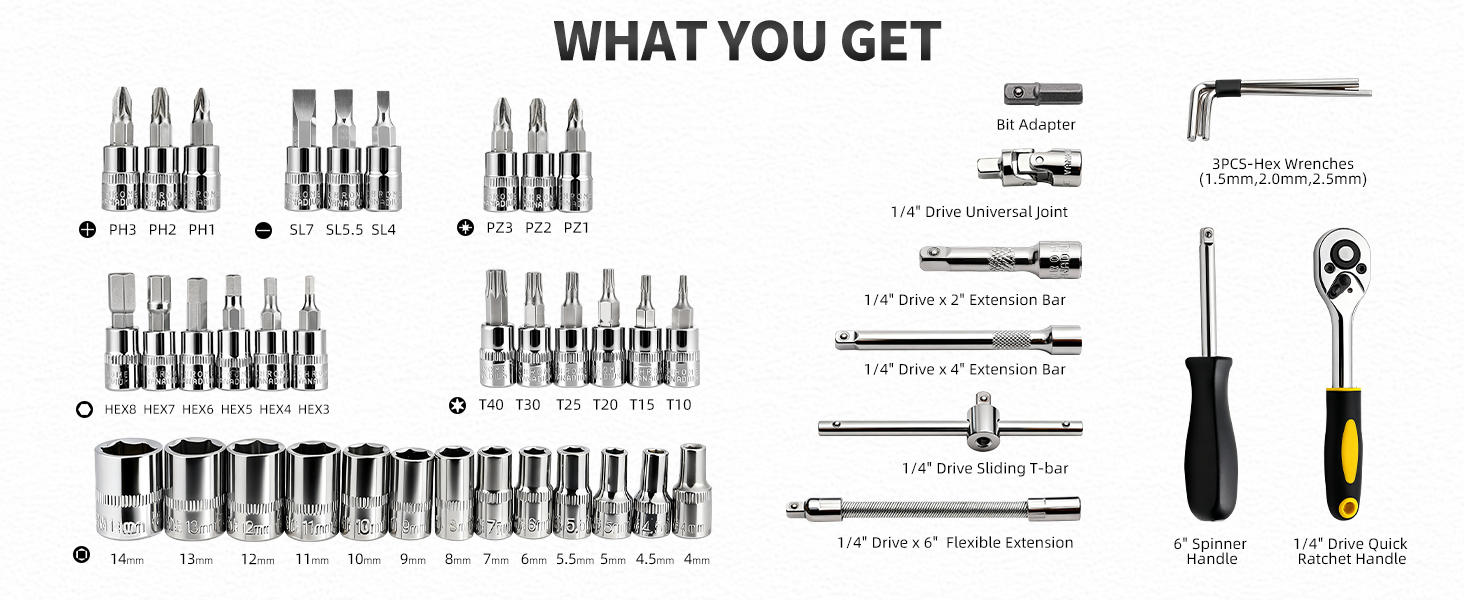 socket set and socket wrench set and ratchet set and 1/4 socket set