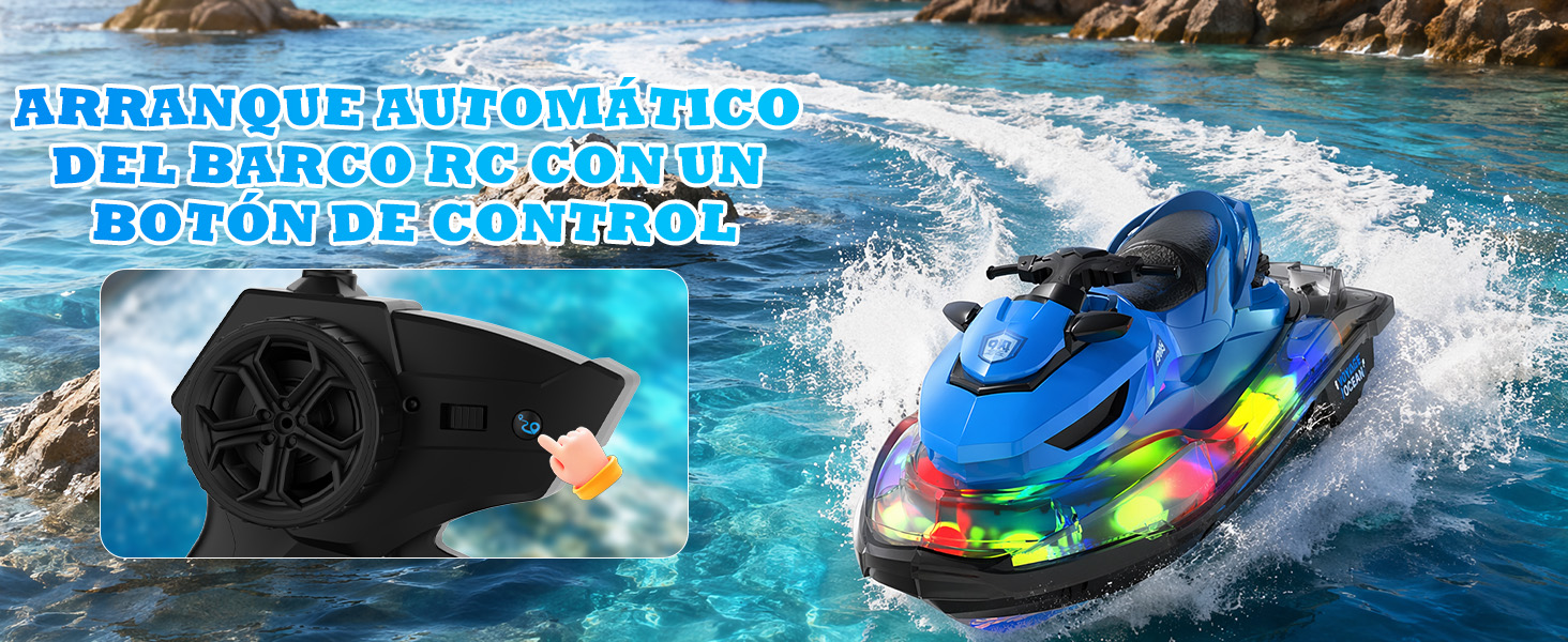 Text reads 'ARRASTRA JUGUETES ACUÁTICOS REMOLCADOR JUGUETES CONEXIÓN'. Inflatable towable water tube in bright blue, yellow, and red colors displayed on water with jet ski.