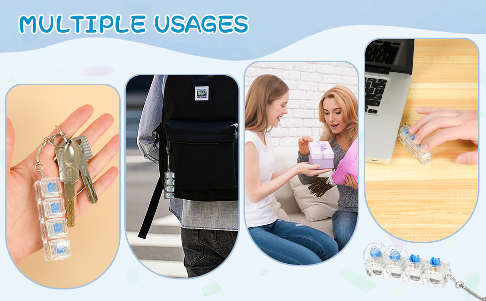 Composite image showcasing multiple uses of small blue and white cubes: attached to keys, in a bag pocket, used during conversation, and next to a laptop.