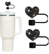 2Pcs Black Bling Hearts Straw Covers Cap for Stanley Cup, Bling Diamond Rhinestone, 10mm Silicone...
