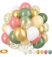Retro Green Pink Balloons, 35pcs Sage Green Dusty Pink Metallic Gold Latex Balloons Set, Olive Gr...