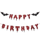 Red Glittery Happy Birthday Halloween Banner - Halloween Hanging Paper Garland Bunting Banner Blo...