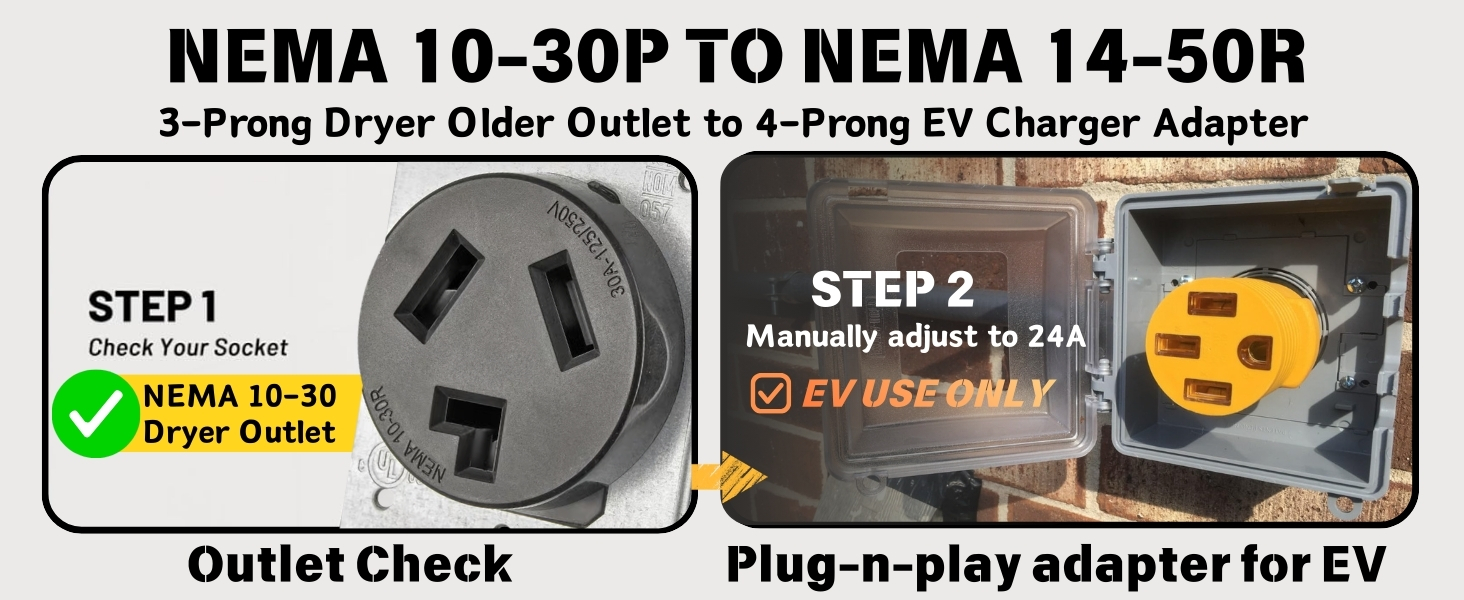 10-30p to 14-50r dryer to ev charger adapter plug 24amp level 2 charging