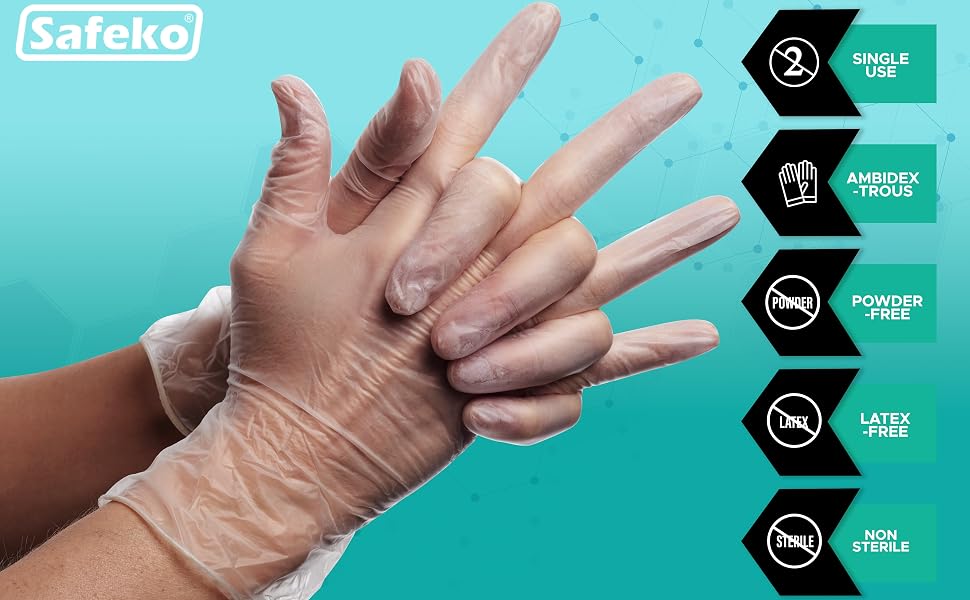 single use ambidextrous powder free latex free non sterile clear vinyl gloves on hand