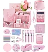 23pc Pink Desk Accessories and Organizers with Mesh Organizer Stapler Tape Dispenser Calculator a...