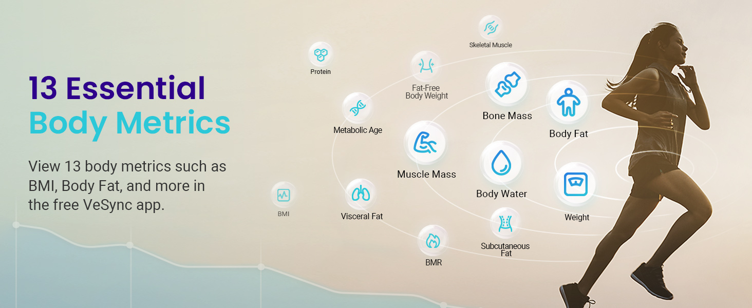 View 13 body metrics such as BMI, Body Fat, and more in the VeSync app.