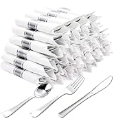 N9R 120 Pack Pre Rolled Silver Plastic Cutlery Set, 120 Forks, 120 Knives, 120 Spoons, 120 Napkin...