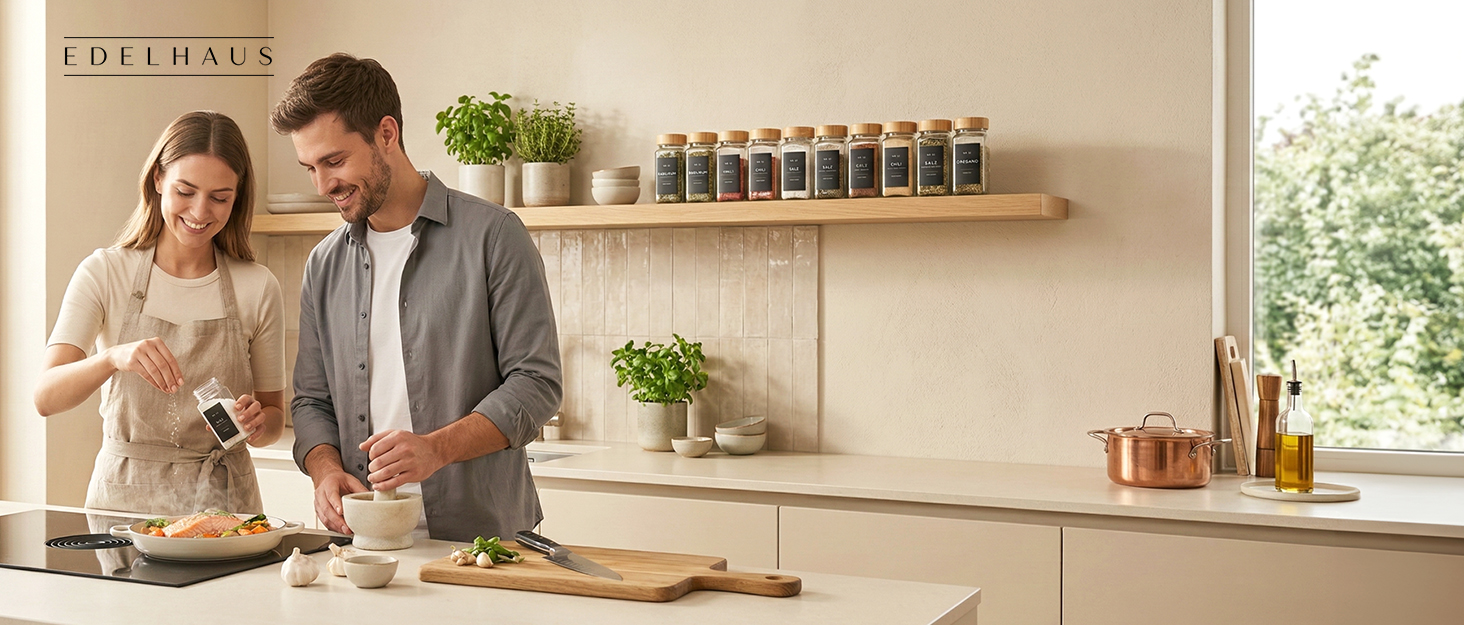 Modern kitchen interior with people preparing food, featuring light wood cabinets and natural lighting from windows.