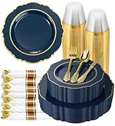 realluck 350 Piece Navy Blue Plastic Dinnerware Set for 50 Guests Elegant Baroque Disposable Dinn...