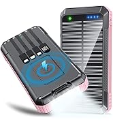 DJKK Solar Power Bank Wireless Charger 33800mAh Built in 4 Cables and LED Camping Lights 22.5W Fa...