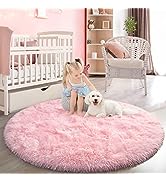 FlyDOIT Pink Round Rug for Bedroom, Super Fluffy Circle Rugs for Baby Nursery, 4'X4' Feet Furry C...