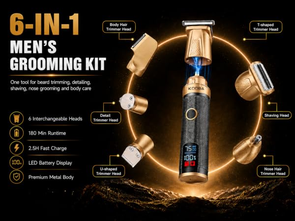 KOOBA 6-in-1 men's grooming kit with beard nose and body trimmer heads