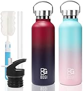 BOGI Stainless Steel Water Bottle, 2 Pack 20oz Vacuum Insulated Water Bottle with Straw Lid, BPA ...