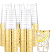 I00000 100PCS Gold Plastic Cups,10 oz Clear Plastic Cups with Gold Trim, Beer Mugs,Disposable Har...