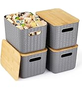 Ohmlove 4 Packs Storage Bins with Bamboo Lids - Plastic Storage Containers with Lids Stackable St...