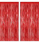 2 Pack Red Tinsel Backdrop, 3.28 FT x 7.05 FT Fringe Curtains, Red Foil Tinsel Party Streamer Bac...