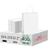 MESHA Gift Paper Bags 400 Pack 8X4.25X10.5 White Medium Shopping Kraft Bags Bulk with Handles Reu...