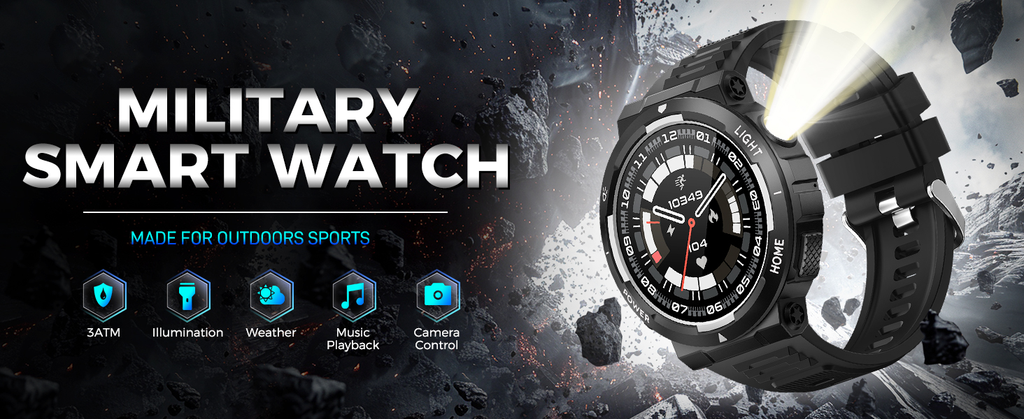 Military Smart Watch for Men Flashlight Tactical Smartwatch Fitness Watch 3ATM Waterproof