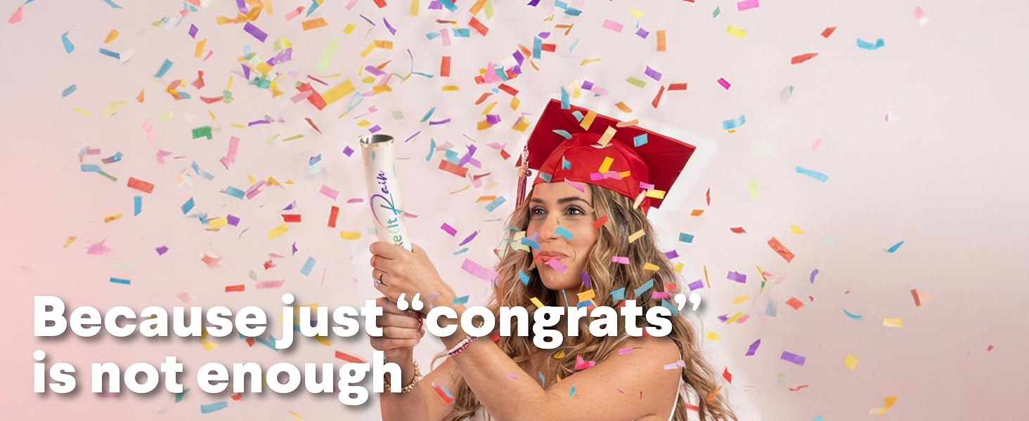 Smiling woman in graduation cap holding confetti cannon with colorful burst showcasing big wins
