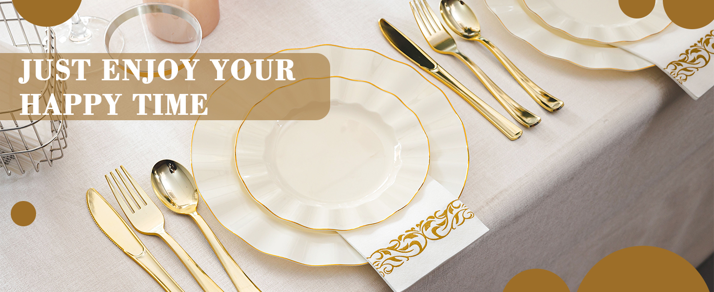 Gold and Ivory Plastic Dinnerware Set