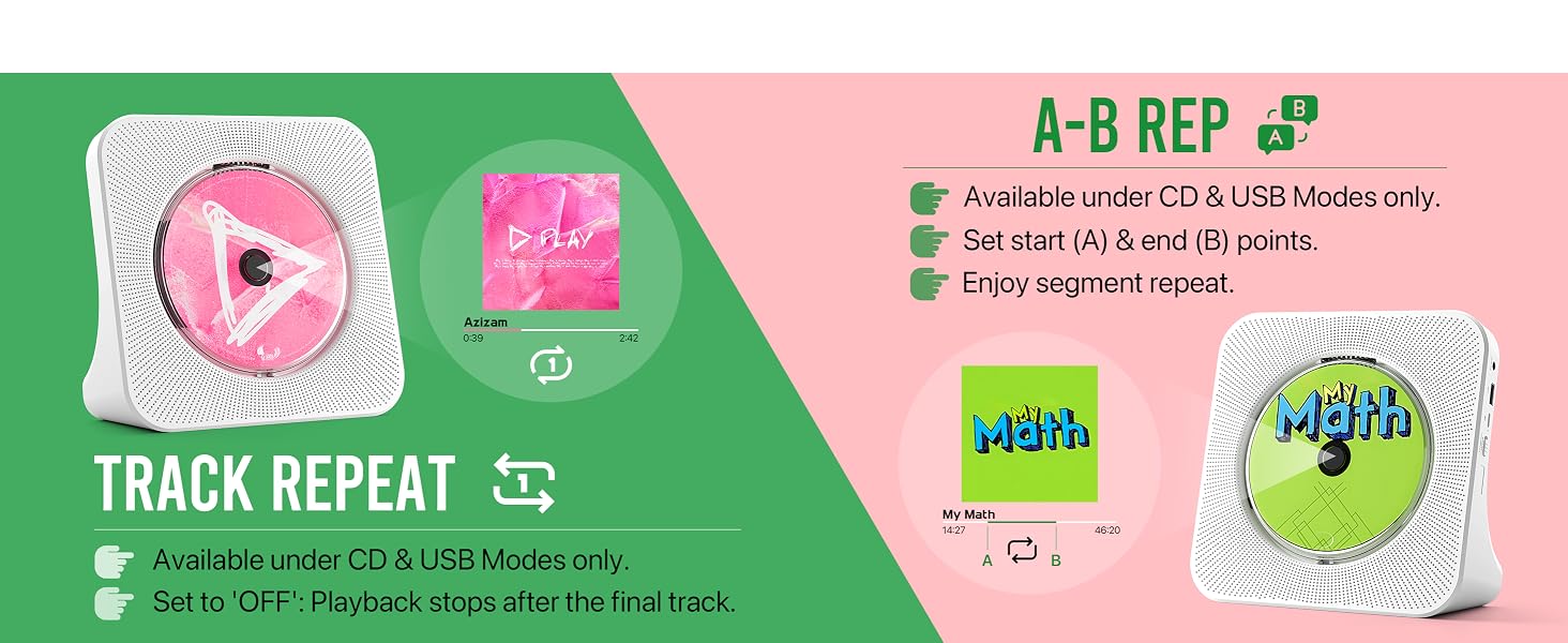CD player with A-B repeat for language learning, math audio and track repeat for music